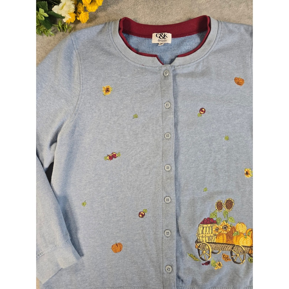 Vintage C&K Designs Cardigan Sweater Womens 1X Fall Pumpkin Embroidered Fleece